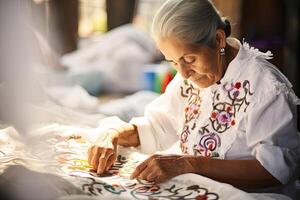 AI generated senior Mexican women in white clothes make Mexican embroidery photo