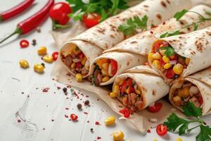 AI generated Mexican burrito with beef and vegetables photo