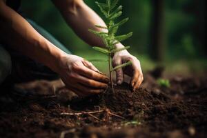 AI generated Close up hands planting pine tree seedling in forest. Earth Day save environment concept. renewable resource photo