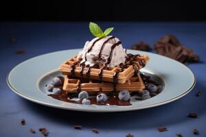 AI generated Plate of delicious Chocolate Belgian Waffles with ice cream and blueberry photo