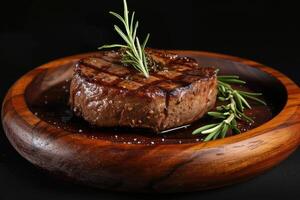 AI generated beef steak on wood dish with seasonings and rosemary, black background photo