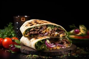 AI generated shawerma on cutting board on dark background photo