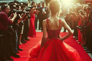 ai generado hembra celebridad súper estrella en rojo alfombra en famoso evento foto