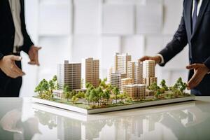 AI generated architects planning real estate commercial business city, investor businessman in architect office looking at house model prototype design and blueprint 3D visualization photo