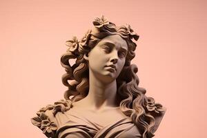 AI generated Antique Marble sculpture statue bust of an ancient Greek goddess on pastel background, copy space photo