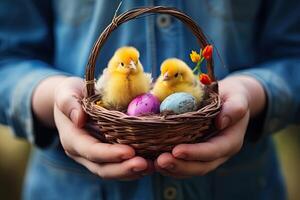 ai generado manos participación un cesta con vistoso Pascua de Resurrección huevos y pequeño polluelo foto
