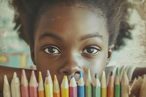 AI generated little girl draws with colored pencils expressing creativity through art photo