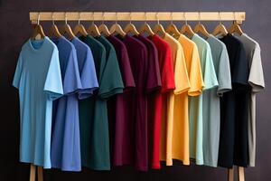 AI generated Rack with Colorful plain tshirts hang on clothes hanger in closet photo
