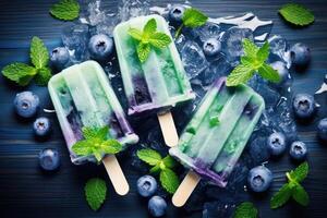 AI generated Homemade blueberry ice cream or popsicles decorated green mint leaves on teal rustic table, frozen fruit juice, vintage style, top view photo