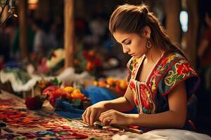 AI generated young Mexican woman in bright national clothes make Mexican embroidery photo