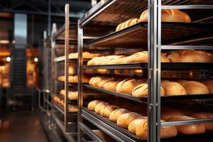 AI generated shelves with baked loaves, loaf of bread, baguettes of commercial bakery kitchen. bread baking production manufacture business and modern technology photo