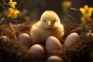 AI generated eggs and chick background. Spring, Easter, new life, birth card, banner photo