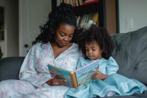 AI generated mother reading book to her daughter on the sofa in the living room photo