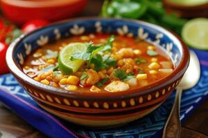 AI generated Mexican red pozole rojo soup with pork and vegetables photo