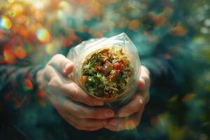 AI generated Hands holding Mexican burrito, fast food, junk food photo