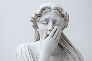 AI generated Antique sculpture ancient Greek goddess boring, dreary, sad gape covering her mouth with her hand photo