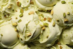 ai generado delicioso refrescante cremoso italiano pistacho nueces helado para un verano postre o llevar, cerca arriba lleno marco antecedentes textura foto