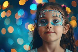 ai generado pequeño niña con fiesta cara cuadro. fiesta cara Arte. en contra borroso fondo, globos, guirnalda foto