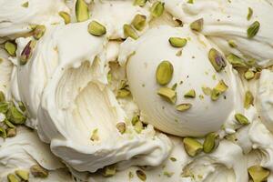 AI generated Delicious refreshing creamy Italian pistachio nuts ice-cream for a summer dessert or takeaway, close up full frame background texture photo