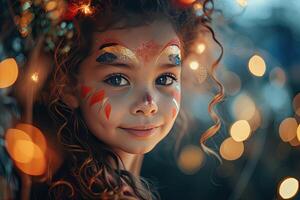 AI generated little girl with party face painting. party face art. against blurred background, balloons, garland photo