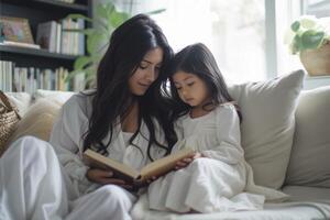 ai generado madre leyendo libro a su hija en el sofá en el vivo habitación foto