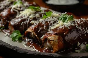 AI generated mexican chicken enmoladas de encacahuatado, or mole poblano enchiladas, mole negro, pipian photo
