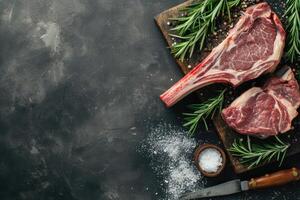 AI generated Grilled beef tomahawk steak on bone with salt, pepper, rosemary photo