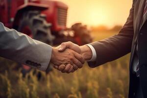 ai generado apretón de manos Entre empresario y agricultor, compra vender tractor granja maquinaria equipo foto