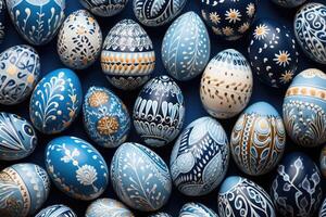 AI generated Easter eggs background. Each egg is uniquely decorated with different patterns and colors photo