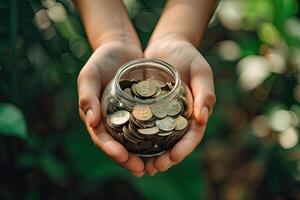 ai generado manos participación vaso tarro con monedas foto