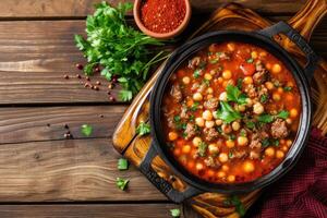 AI generated Mexican red pozole rojo soup with pork and vegetables photo