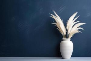 AI generated Pampas grass in ceramic vase near studio wall background, space for text photo