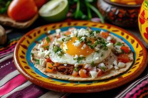 ai generado mexicano huevos rancheros huevo Tostada, revuelto huevos, salsa, tacos, tortillas, verduras, perejil foto