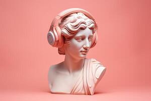 AI generated Antique Marble sculpture statue bust of an ancient Greek goddess in headphones photo