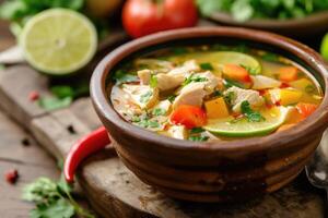 AI generated Sopa de Lima with coriander and lime, chicken, and vegetables in a rustic bowl photo