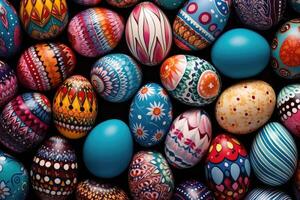 ai generado Pascua de Resurrección huevos antecedentes. cada huevo es únicamente decorado con diferente patrones y colores foto