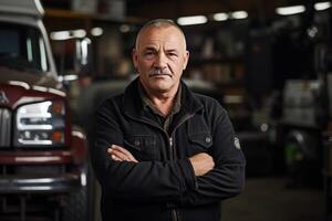 AI generated truck repair shop owner in uniform in the garage, truck on background photo