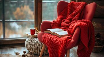 AI generated chair with red blanket and book photo