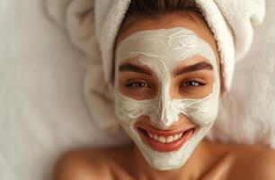 AI generated smile happy young woman smiling and having face mask done photo