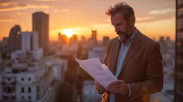 AI generated Businessman reviewing plans on a rooftop, embracing sophistication amid cityscape photo