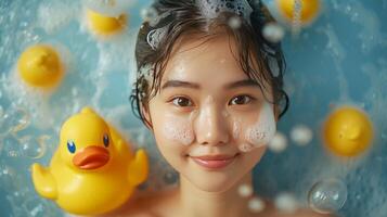 ai generado joven hermosa asiático mujer lavados su pelo en el ducha foto