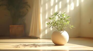 ai generado un blanco de madera florero lleno con plantas en un habitación con luz de sol foto