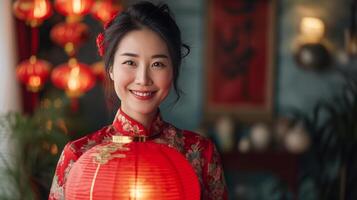 AI generated A Joyful Chinese Woman Holding a Red Lantern at Home, Looking at the Camera photo