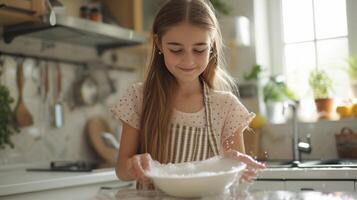 ai generado niña 12 años antiguo lavados platos en un brillante moderno cocina foto