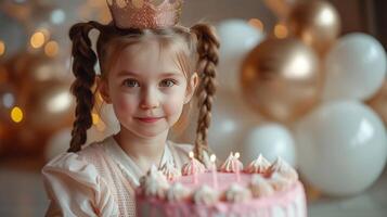 ai generado niña en princesa corona con dos coletas se sienta cerca un grande rosado pastel con 5 5 velas foto