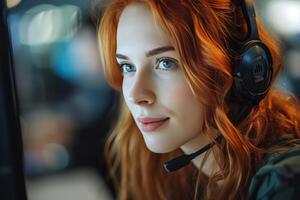 AI generated A Thoughtful Woman Working as a Helpdesk Service Agent photo