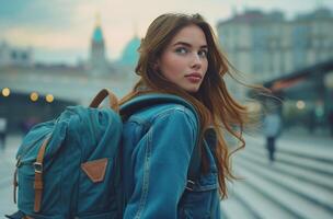 ai generado hermosa estudiante mujer caminando con su mochila estudiante foto