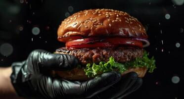 ai generado A la parrilla hamburguesa en un negro desechable guante foto