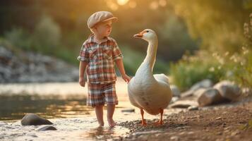 ai generado un cinco años de edad chico en tartán pantalones cortos y un tartán gorra, juntos con un grande blanco ganso foto