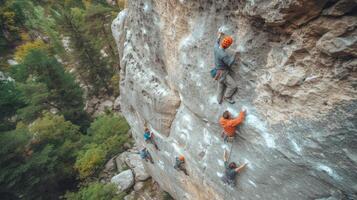 AI generated Climbers lock themselves onto a large rock. bottom view photo